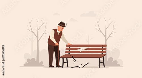 Senior Man Discovers Damaged Bench In The Park Needs Immediate Repair