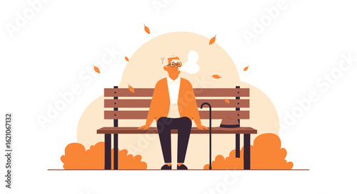 Senior Man Relaxes On Bench Enjoying Peaceful Autumn Season Tranquility