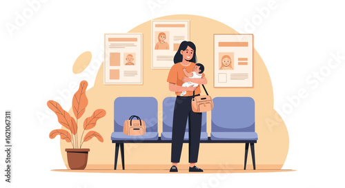 New Mother Holding Her Infant In a Doctor's Waiting Room