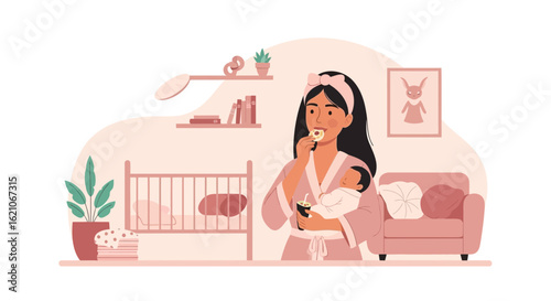 New Mother Holding Her Baby While Eating Donut In Cozy Nursery