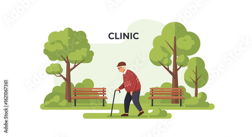Senior Man Walking With Cane Through Park On His Way To Clinic