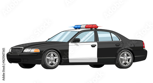 Police patrol car vector illustration. Black and white emergency response sedan for law enforcement. Public safety transport concept.