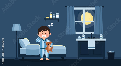 Nightly Ritual A Boy Brushing Teeth Before Sleep For Healthy Dental Care
