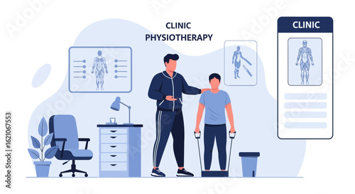 Professional Physiotherapist Supervising Patient During Exercise At A Modern Clinic