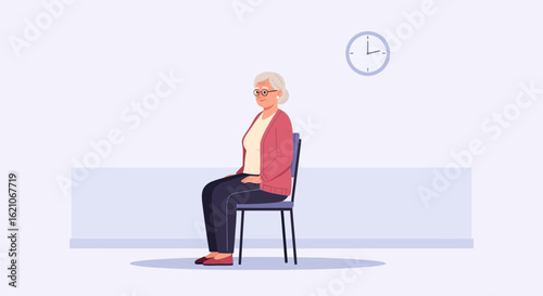 Senior Woman Waits Seated Illustration In A Minimalist Waiting Room Scene