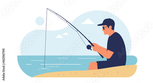 Serene beach fishing illustration with man casting rod on tranquil shoreline illustration