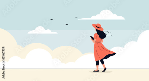 Serene contemplation: A woman gazes at the expansive sky, filled with dreams
