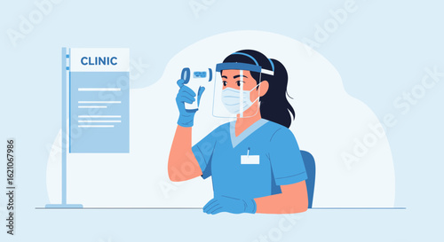 Nurse Checks Temperature At Clinic Entrance For Health Screening Protocol