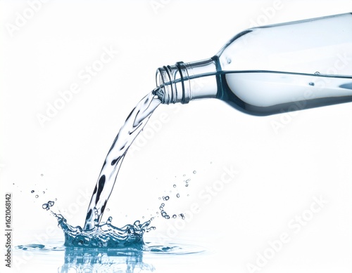 Escena en la que una botella de vidrio vierte agua, con gotas y salpicaduras en pleno movimiento