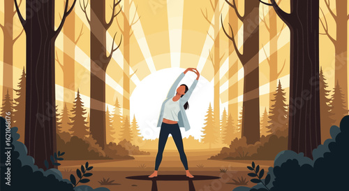 Serene Morning Stretch In Forest: Healthy Lifestyle And Wellness Practice