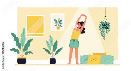 Serene Morning Rituals Young Woman Stretching in Sunny Plant Filled Room