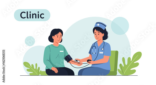 Nurse Measures Blood Pressure in Doctor Visit at Clinic Healthcare Setting