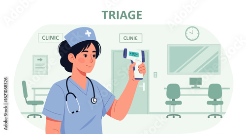 Nurse Measures Temperature At Clinic With Digital Thermometer In Triage Center