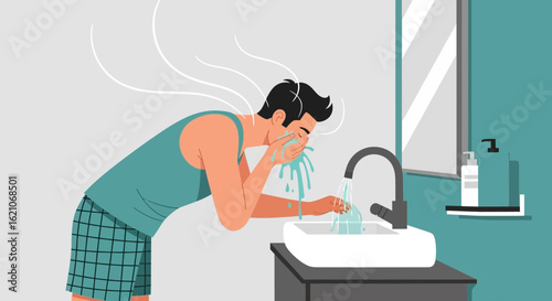 Refreshing Morning Routine Man Washing Face In Bathroom Sink Hygiene