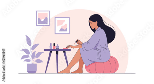Serene Woman Painting Her Nails In A Cozy Home Setting Illustration