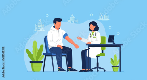 Regular Health Checkup With a Doctor, Blood Pressure Test at a Clinic