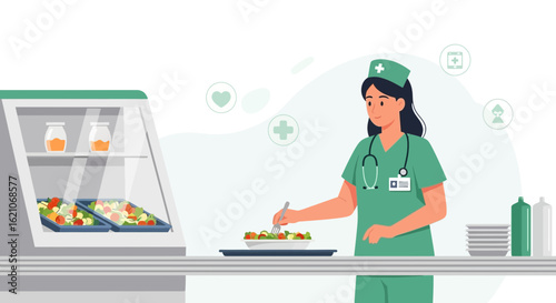 Nurse Taking Salad at Hospital Cafeteria For Healthy Meal Concept Illustration