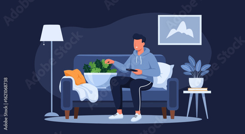 Relaxed Evening Man Enjoying Salad While Watching Tv On Comfortable Couch