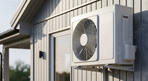 Air conditioning unit mounted on a modern home exterior during late afternoon