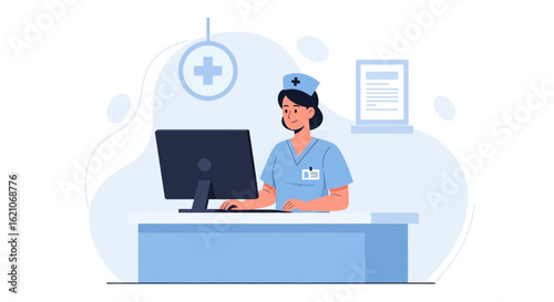 Nurse Working At Her Desk Typing On Computer In Clinic Office Setting