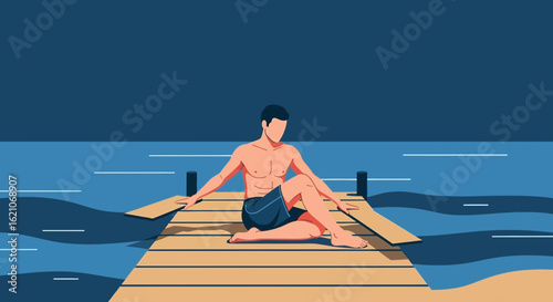 Relaxed Man Sitting On Dock Enjoying Tranquil Lakeside Scene Minimalist Style