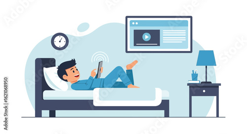 Relaxed Man Using Tablet In Bed With Television And Clock Design