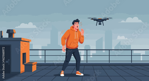 Shocked Man Reacting To A Drone Flying On A Rooftop In The City