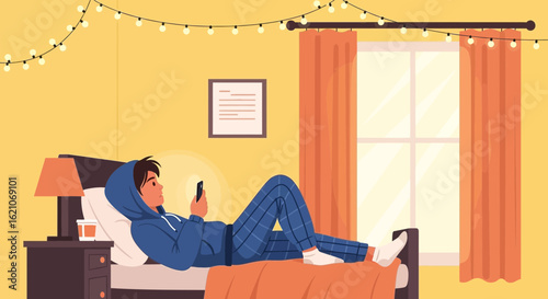 Relaxed Teenager Using Smartphone Lying on Bed in Cozy Room At Home