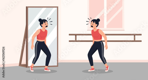 Shocked Woman Reacting To Reflection in Mirror During Workout Session