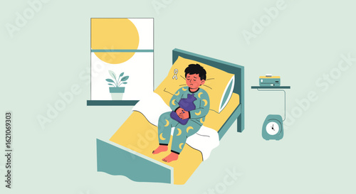 Sick Boy In Bed Holding Hot Water Bottle During Illness Recovery Concept
