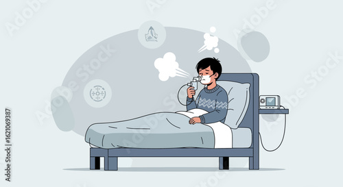 Sick Boy Using Nebulizer In Bed For Respiratory Treatment At Home Clinic