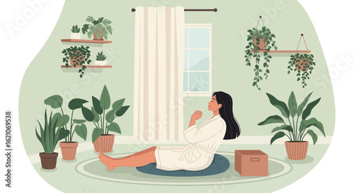 Relaxing At Home With Indoor Garden And Woman Meditating Peacefully