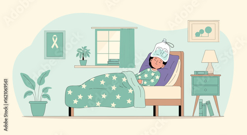 Sick Child Lying In Bed At Home Suffering From Fever Feeling Unwell
