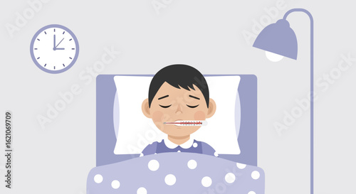 Sick Child Resting In Bed With Thermometer And Clock In The Room