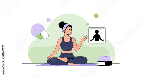 Online Yoga Session Woman Meditating In Lotus Position Practicing Mindfulness
