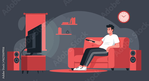 Relaxing evening: Man watching television on a cozy sofa with remote control