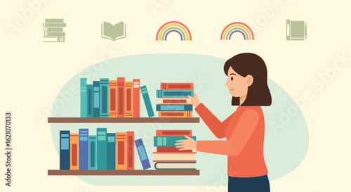 Organizing Knowledge Woman Stacking Books On Shelf In Library Or Home