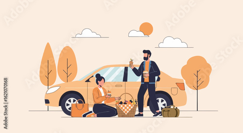 Outdoor Date In Nature With Tasty Treats By The Car Under Sunny Sky