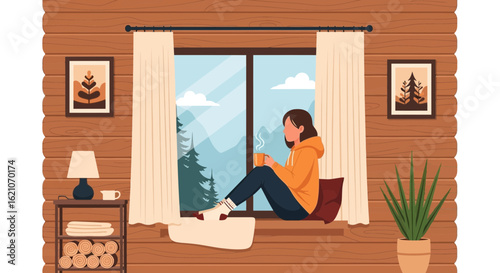 Relaxing Moment With Hot Drink By The Window In Cozy Wooden Cabin