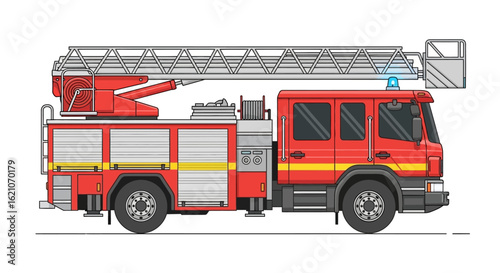 Detailed Illustration of a Red Fire Engine with Extended Ladder on a White Background