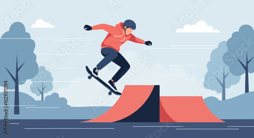 Skateboarder Performs A Trick On A Ramp In An Urban Skate Park Setting