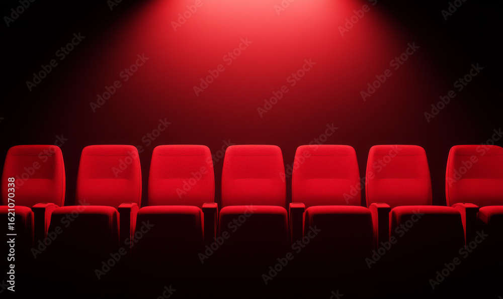 Obraz premium Row of empty red theater seats under spotlight in cinematic composition