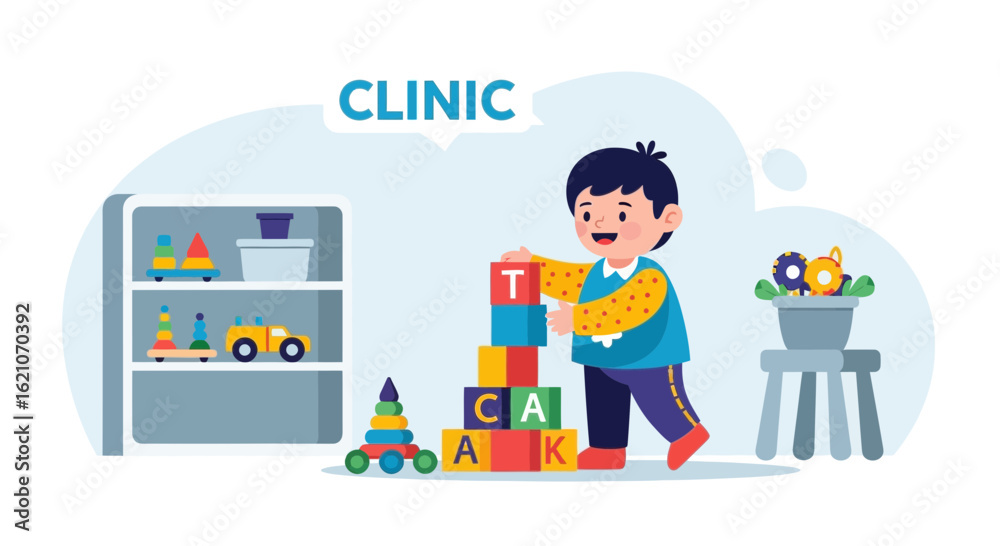 Smiling Boy Builds Tower From Colorful Blocks In The Playroom Clinic Smiling Boy Builds Tower From Colorful Blocks In The Playroom Clinic