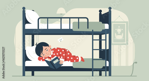 Sleeping Boy With Pajamas Read A Book Before Sleep In A Bunk Bed