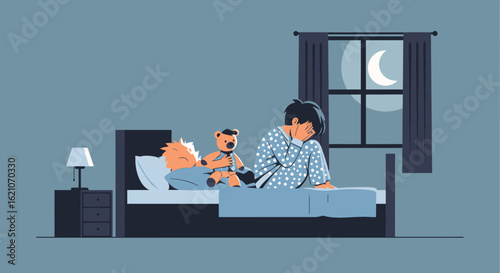 Sleepless Night Young Mother Worried, Sitting On Bed, Awake While Her Child Sleeps