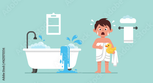 Overflowing Tub Troubles Cartoon Boy With Duck Facing Bathroom Calamity