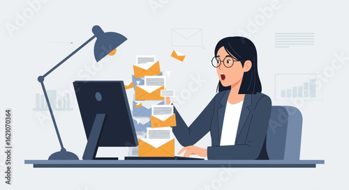 Overwhelmed Woman Amidst Email Deluge Represents Workplace Stress Illustration