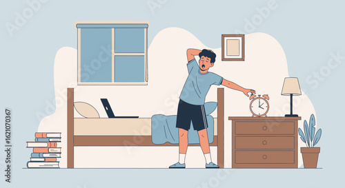 Sleepy Young Man Turns Off Alarm Clock In His Bedroom Illustration