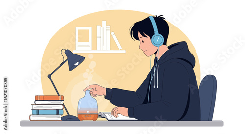 Relaxing Study Time An Illustration Of A Student Using An Essential Oil Diffuser