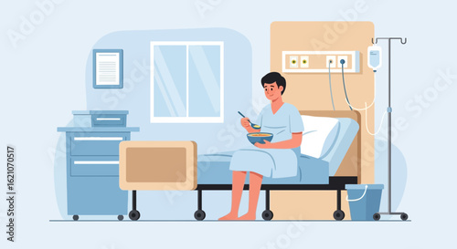 Patient Enjoying a Meal in Hospital Bed During Recovery Time Illustration